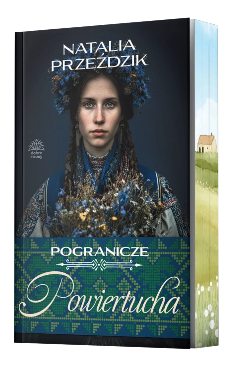 Na okładce książki Pogranicze 2. Powiertucha Natalii Przeździk znajduje się portret kobiety w wianku i ludowym stroju trzymającej kwiaty. Postać umieszczono na ciemnym tle nad zielonym pasem z ornamentem. Całość domyka jasny widok bocznej krawędzi kartek.