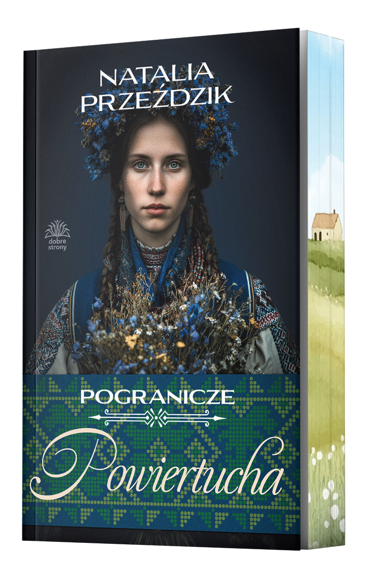 Na okładce książki Pogranicze 2. Powiertucha Natalii Przeździk znajduje się portret kobiety w wianku i ludowym stroju trzymającej kwiaty. Postać umieszczono na ciemnym tle nad zielonym pasem z ornamentem. Całość domyka jasny widok bocznej krawędzi kartek.
